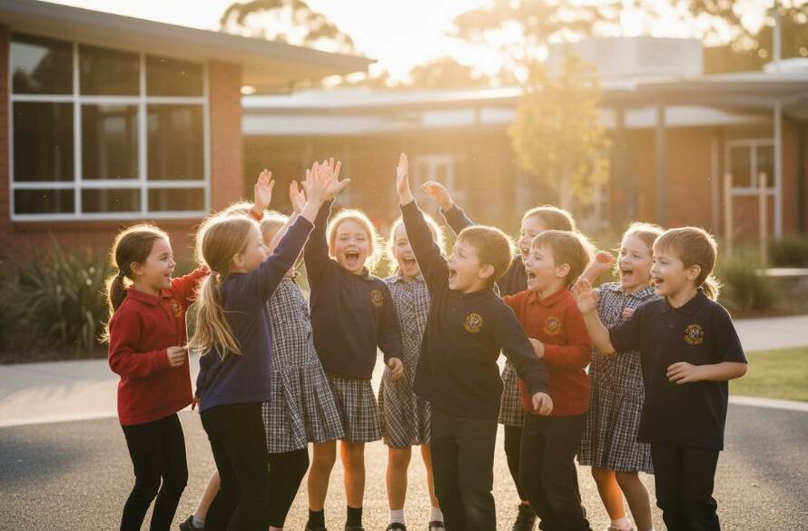 A vibrant, professionally color-graded wide shot capturing an authentic moment of joy during Narre Warren South school photography, showing a group of diverse primary school students laughing and high-fiving in natural light against the backdrop of their modern school playground, demonstrating genuine connections and happiness.