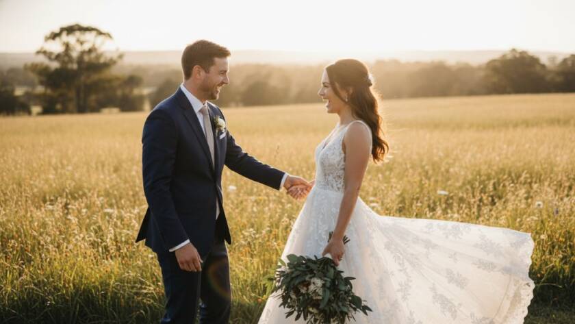 An emotional couple sharing a tender, unscripted kiss under dramatic golden hour light at a Narre Warren South wedding, perfectly capturing genuine Narre Warren South wedding photography candid moments with a cinematic touch.