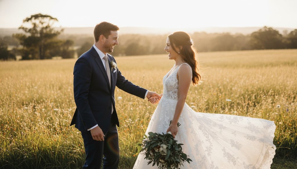 An emotional couple sharing a tender, unscripted kiss under dramatic golden hour light at a Narre Warren South wedding, perfectly capturing genuine Narre Warren South wedding photography candid moments with a cinematic touch.