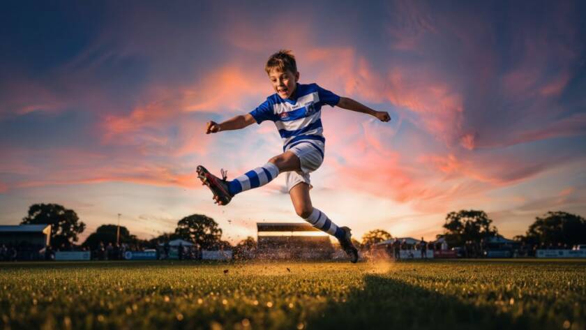 Dynamic wide-angle shot capturing Narre Warren South youth sports photography action shots of a junior footballer mid-air, scoring a goal at twilight, with dramatic stadium lights, showcasing an epic moment of triumph and athleticism.