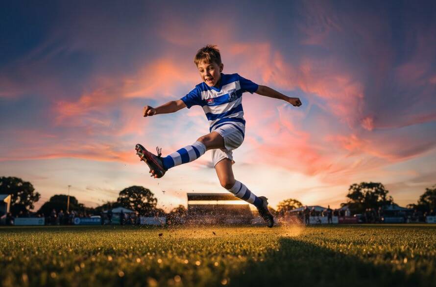 Dynamic wide-angle shot capturing Narre Warren South youth sports photography action shots of a junior footballer mid-air, scoring a goal at twilight, with dramatic stadium lights, showcasing an epic moment of triumph and athleticism.