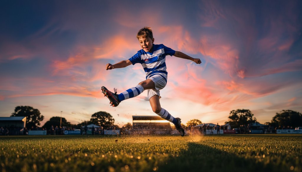 Dynamic wide-angle shot capturing Narre Warren South youth sports photography action shots of a junior footballer mid-air, scoring a goal at twilight, with dramatic stadium lights, showcasing an epic moment of triumph and athleticism.