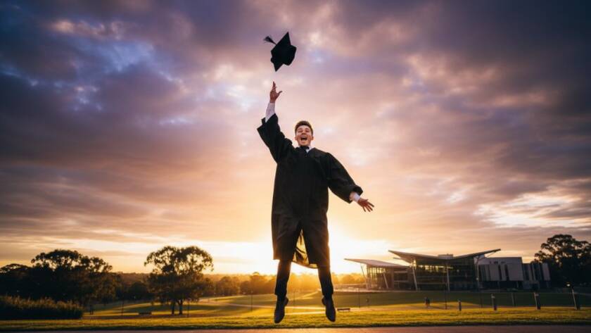 A triumphant graduate, beaming with joy and throwing their cap high against a vibrant Narre Warren backdrop, symbolising the Narre Warren Victoria graduation photography cherished memories captured in an epic, professionally lit moment.