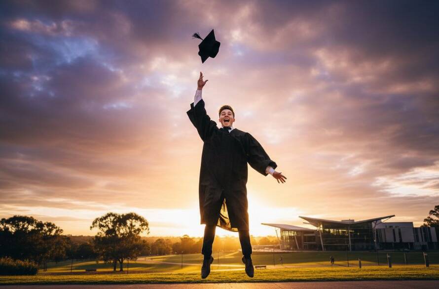A triumphant graduate, beaming with joy and throwing their cap high against a vibrant Narre Warren backdrop, symbolising the Narre Warren Victoria graduation photography cherished memories captured in an epic, professionally lit moment.