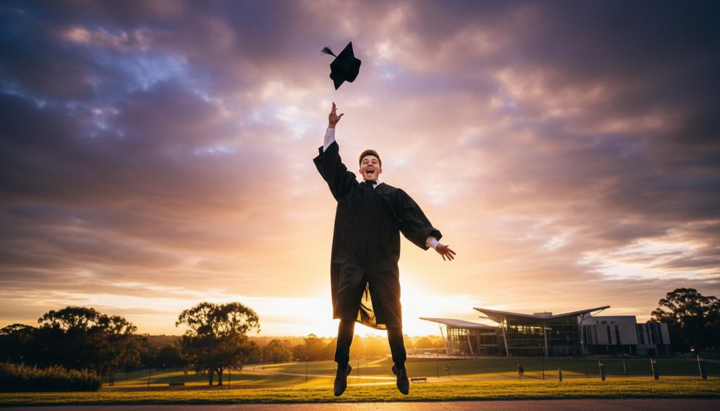 A triumphant graduate, beaming with joy and throwing their cap high against a vibrant Narre Warren backdrop, symbolising the Narre Warren Victoria graduation photography cherished memories captured in an epic, professionally lit moment.