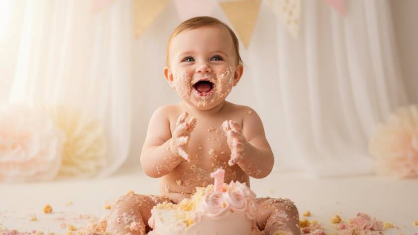 An 'epic moment' photograph capturing Narre Warren's ultimate first birthday cake smash photography experience, showing a baby joyfully covered in cake amidst pastel decorations with dramatic cinematic lighting.
