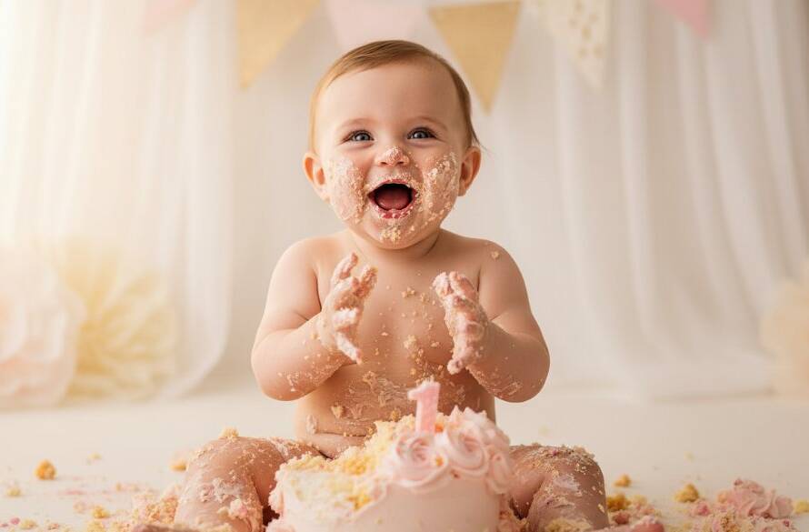 An 'epic moment' photograph capturing Narre Warren's ultimate first birthday cake smash photography experience, showing a baby joyfully covered in cake amidst pastel decorations with dramatic cinematic lighting.