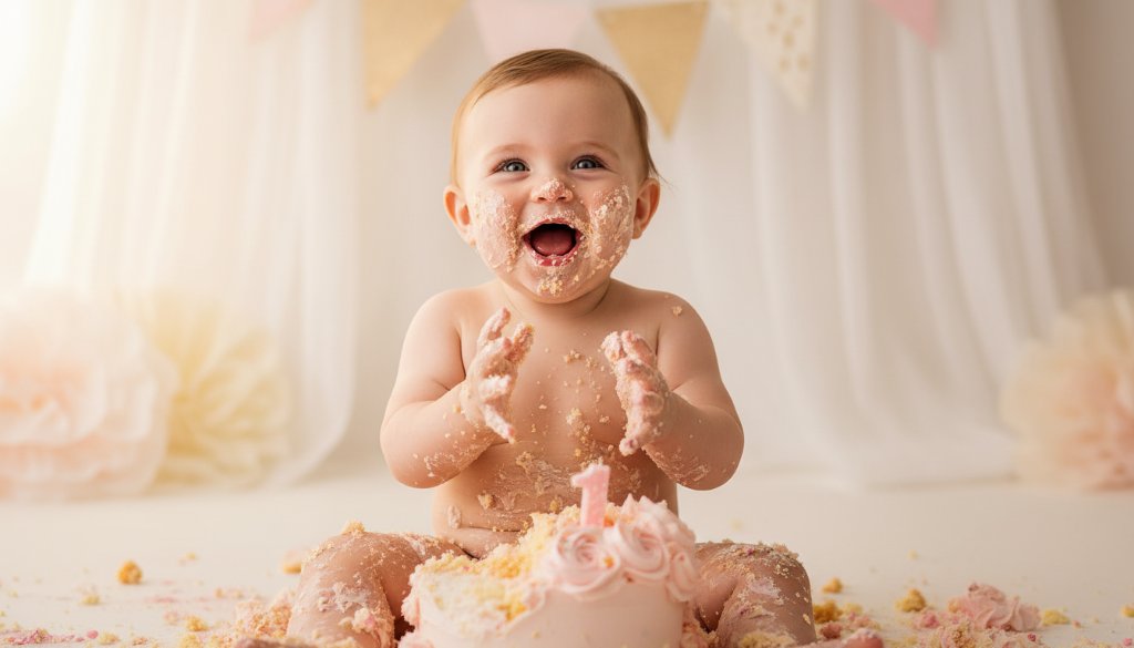 An 'epic moment' photograph capturing Narre Warren's ultimate first birthday cake smash photography experience, showing a baby joyfully covered in cake amidst pastel decorations with dramatic cinematic lighting.