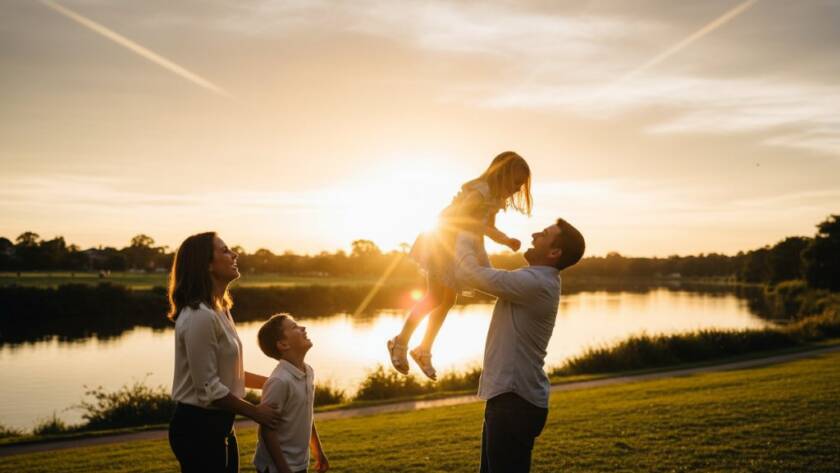 A heartwarming, sun-drenched photograph capturing natural family moments photography Maidstone VIC, with parents laughing as their child runs freely in a local park, late afternoon golden hour light, cinematic and vibrant.