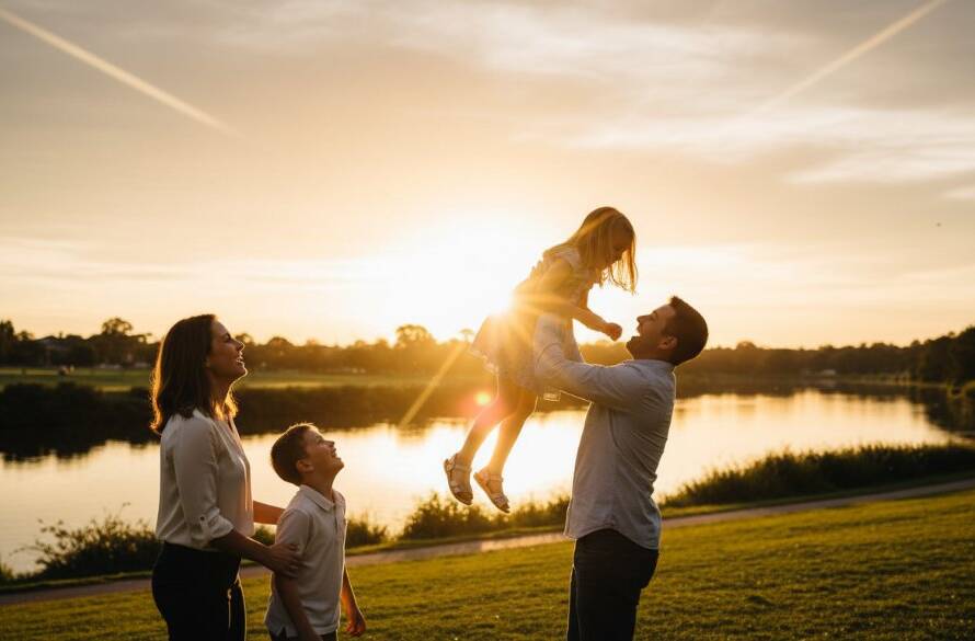 A heartwarming, sun-drenched photograph capturing natural family moments photography Maidstone VIC, with parents laughing as their child runs freely in a local park, late afternoon golden hour light, cinematic and vibrant.