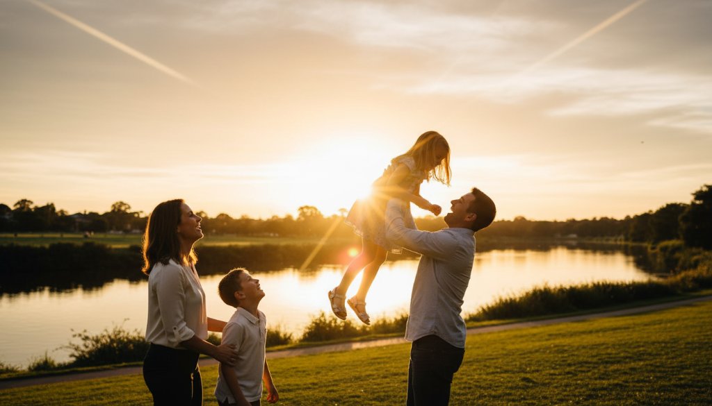 A heartwarming, sun-drenched photograph capturing natural family moments photography Maidstone VIC, with parents laughing as their child runs freely in a local park, late afternoon golden hour light, cinematic and vibrant.