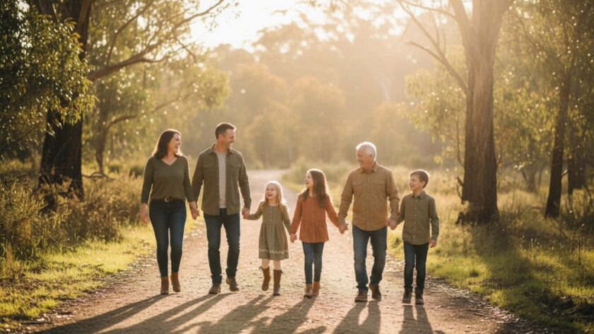 An epic moment of a family laughing joyfully amidst the golden hour light in the bushland of Black Hill, Victoria, capturing natural family photography Black Hill Victoria candid moments.
