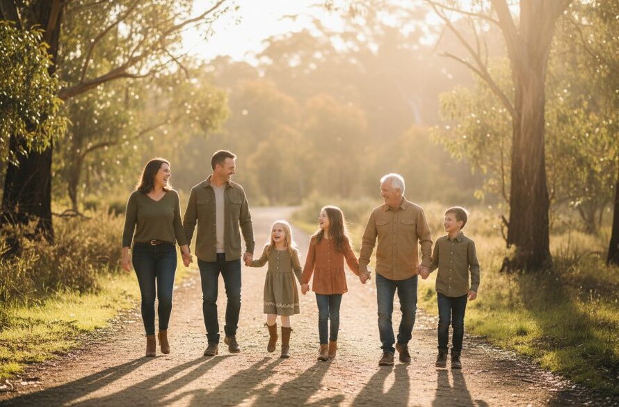 An epic moment of a family laughing joyfully amidst the golden hour light in the bushland of Black Hill, Victoria, capturing natural family photography Black Hill Victoria candid moments.