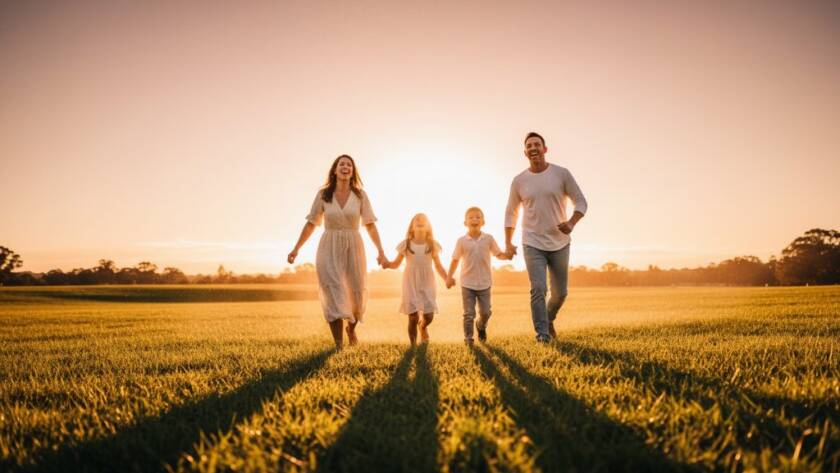 A stunning wide-angle shot capturing natural family photos Doncaster capturing genuine joy, showing a family of four laughing heartily while running through a sun-dappled field at sunset in Ruffey Lake Park, Doncaster, with warm golden light bathing their faces and silhouetting the distant trees, emphasizing movement and pure happiness, professionally color-graded.