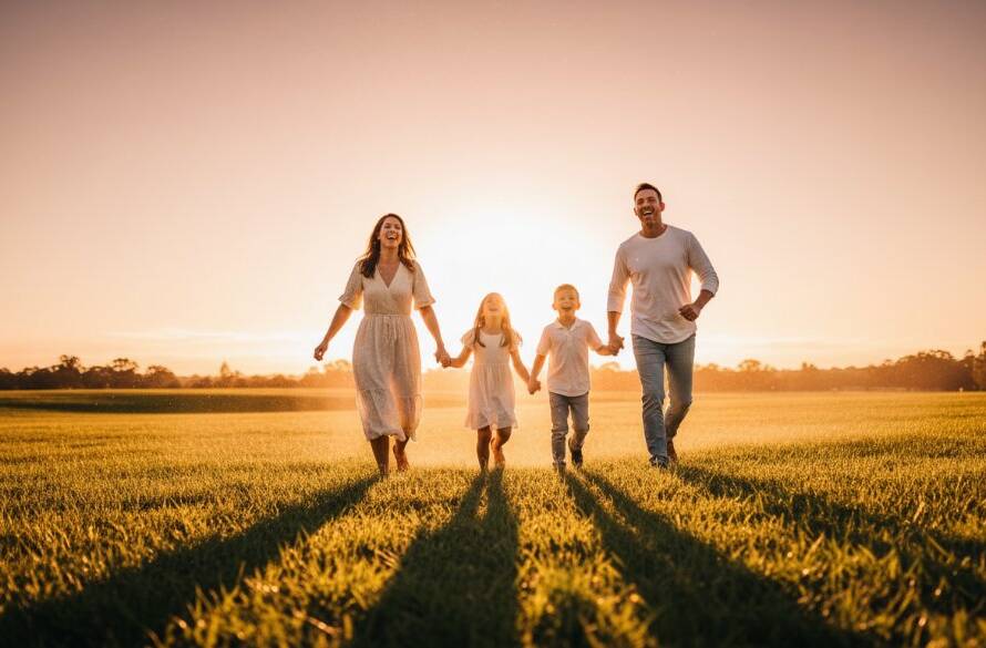 A stunning wide-angle shot capturing natural family photos Doncaster capturing genuine joy, showing a family of four laughing heartily while running through a sun-dappled field at sunset in Ruffey Lake Park, Doncaster, with warm golden light bathing their faces and silhouetting the distant trees, emphasizing movement and pure happiness, professionally color-graded.