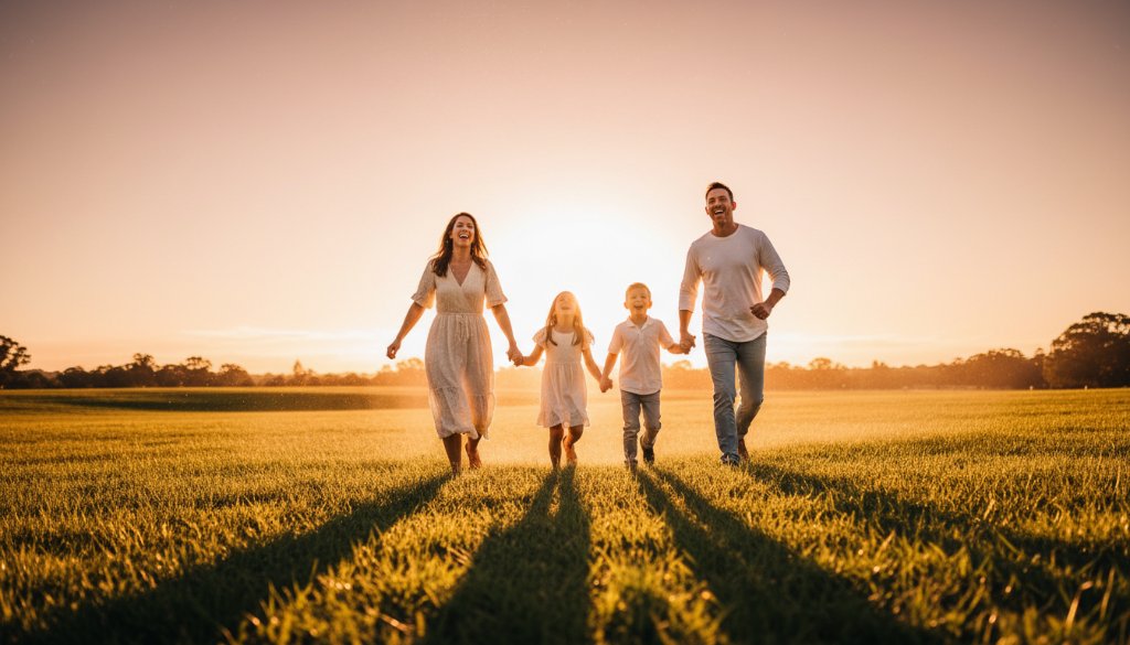 A stunning wide-angle shot capturing natural family photos Doncaster capturing genuine joy, showing a family of four laughing heartily while running through a sun-dappled field at sunset in Ruffey Lake Park, Doncaster, with warm golden light bathing their faces and silhouetting the distant trees, emphasizing movement and pure happiness, professionally color-graded.