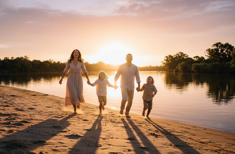 A candid and joyous moment captured during natural family portraits Cobram Victoria, featuring a family laughing together by the serene Murray River at sunset, with warm, golden light creating a cinematic and emotionally resonant scene.