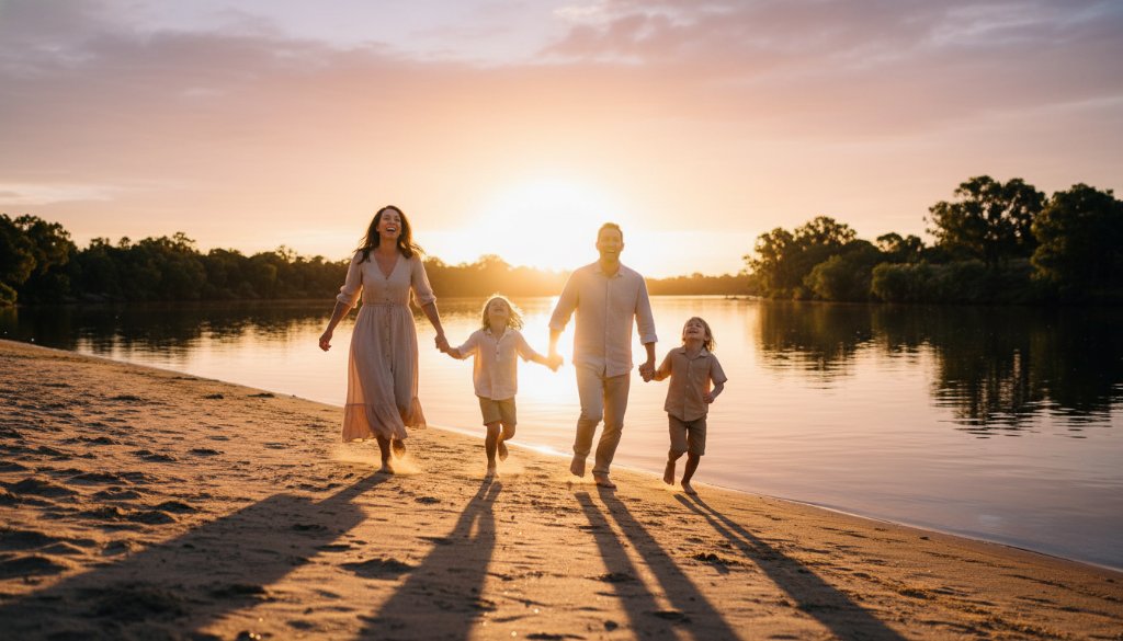 A candid and joyous moment captured during natural family portraits Cobram Victoria, featuring a family laughing together by the serene Murray River at sunset, with warm, golden light creating a cinematic and emotionally resonant scene.