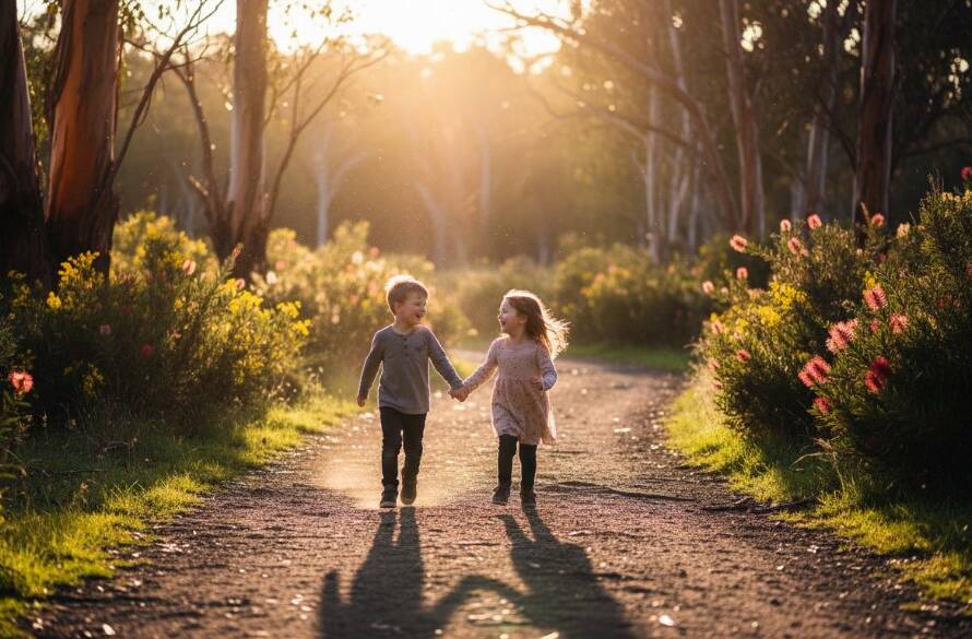 A wide, cinematic shot of two children laughing joyfully while running through a sun-dappled, blooming garden at Blackburn Lake Sanctuary, embodying natural kids photography in Blackburn Gardens.