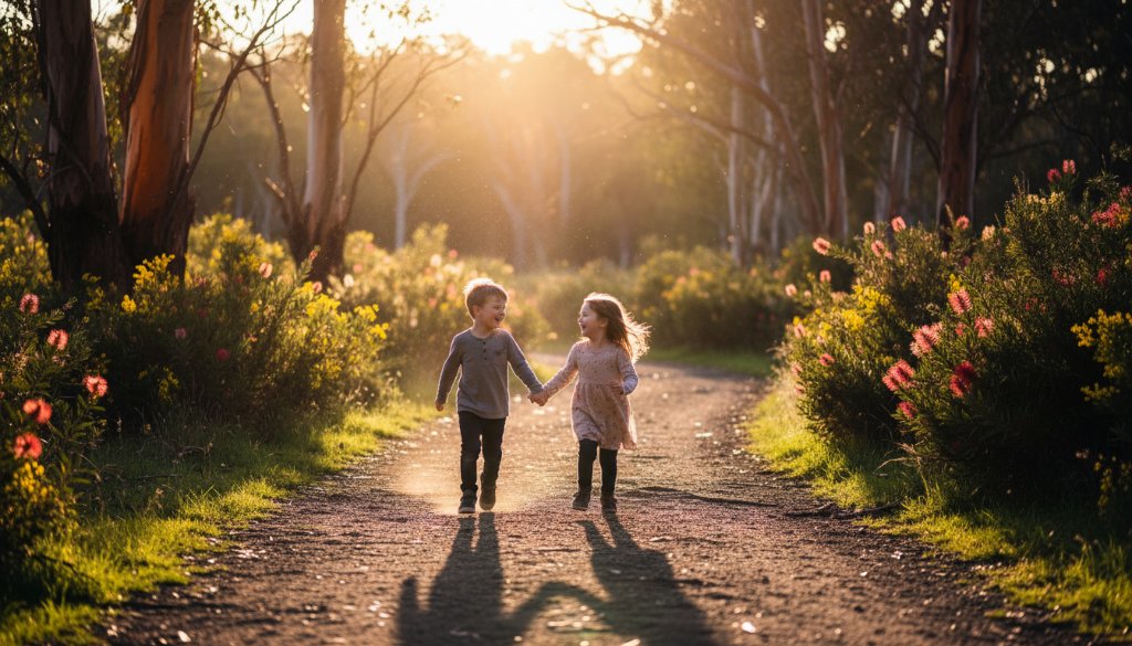 A wide, cinematic shot of two children laughing joyfully while running through a sun-dappled, blooming garden at Blackburn Lake Sanctuary, embodying natural kids photography in Blackburn Gardens.