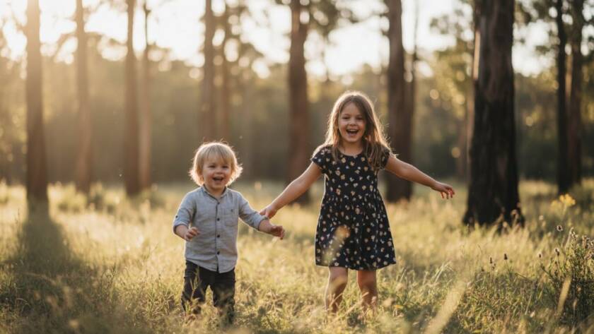 A dramatic and heartwarming photograph capturing an 'epic moment' of natural kids photography in Croydon Hills, Victoria, showing two young children laughing joyfully while running through sun-dappled tall grass at dusk, with lush trees in the background, professional colour grading, cinematic lighting.