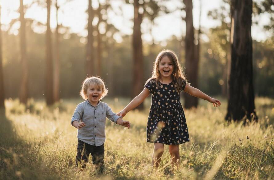 A dramatic and heartwarming photograph capturing an 'epic moment' of natural kids photography in Croydon Hills, Victoria, showing two young children laughing joyfully while running through sun-dappled tall grass at dusk, with lush trees in the background, professional colour grading, cinematic lighting.