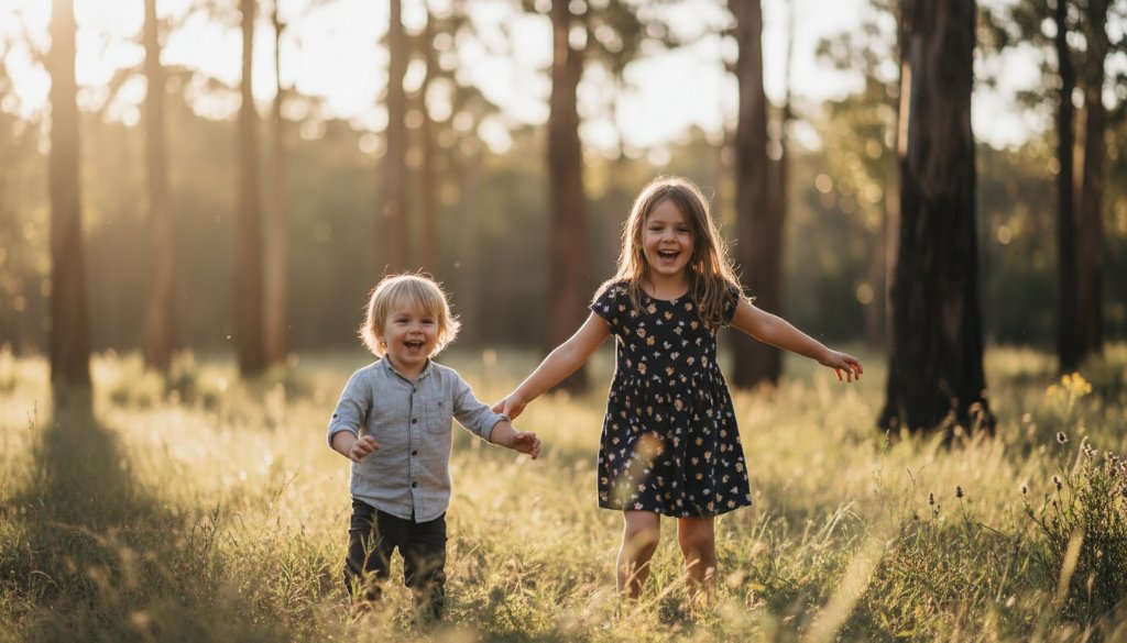 A dramatic and heartwarming photograph capturing an 'epic moment' of natural kids photography in Croydon Hills, Victoria, showing two young children laughing joyfully while running through sun-dappled tall grass at dusk, with lush trees in the background, professional colour grading, cinematic lighting.