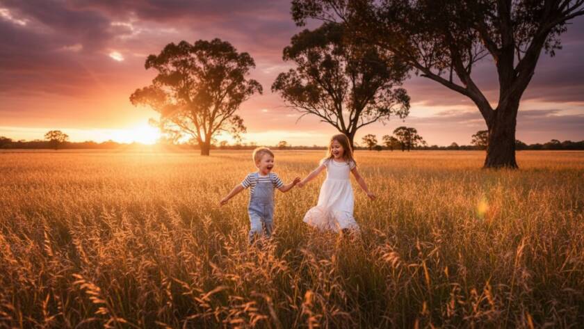 A vibrant, professionally color-graded photograph capturing an epic moment of Natural Kids Photography Skye Victoria Outdoor Fun, featuring two children laughing joyfully while running through a sun-drenched, grassy park in Skye with a classic Australian gum tree in the background, golden hour lighting, cinematic composition.