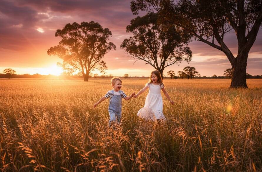 A vibrant, professionally color-graded photograph capturing an epic moment of Natural Kids Photography Skye Victoria Outdoor Fun, featuring two children laughing joyfully while running through a sun-drenched, grassy park in Skye with a classic Australian gum tree in the background, golden hour lighting, cinematic composition.