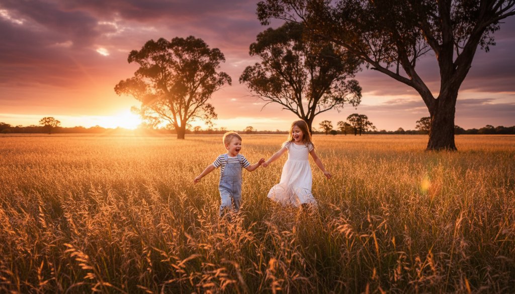 A vibrant, professionally color-graded photograph capturing an epic moment of Natural Kids Photography Skye Victoria Outdoor Fun, featuring two children laughing joyfully while running through a sun-drenched, grassy park in Skye with a classic Australian gum tree in the background, golden hour lighting, cinematic composition.