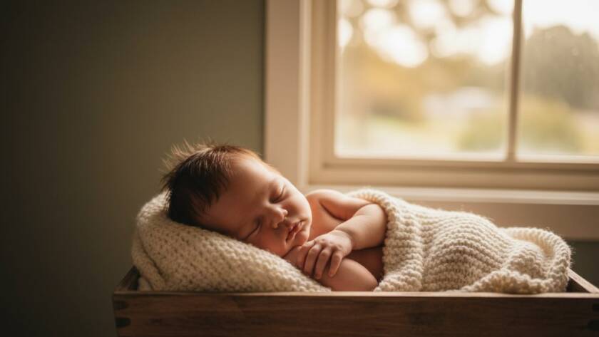 A heartwarming, natural light baby photography Berwick Victoria portrait of a sleeping newborn in a sun-drenched Berwick home, captured with soft, ethereal lighting and professional colour grading.