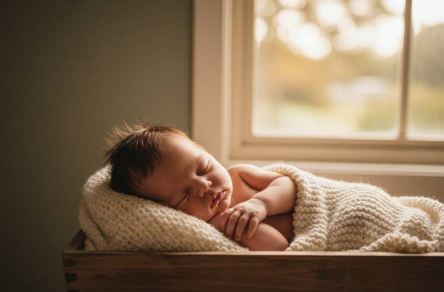 A heartwarming, natural light baby photography Berwick Victoria portrait of a sleeping newborn in a sun-drenched Berwick home, captured with soft, ethereal lighting and professional colour grading.