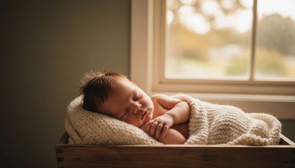 A heartwarming, natural light baby photography Berwick Victoria portrait of a sleeping newborn in a sun-drenched Berwick home, captured with soft, ethereal lighting and professional colour grading.