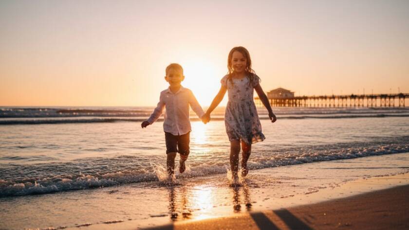 An epic moment of pure joy captured with natural light kids photography Seaford, featuring two children laughing as they splash playfully in the gentle waves at sunset on Seaford beach, with golden light reflecting off the water.