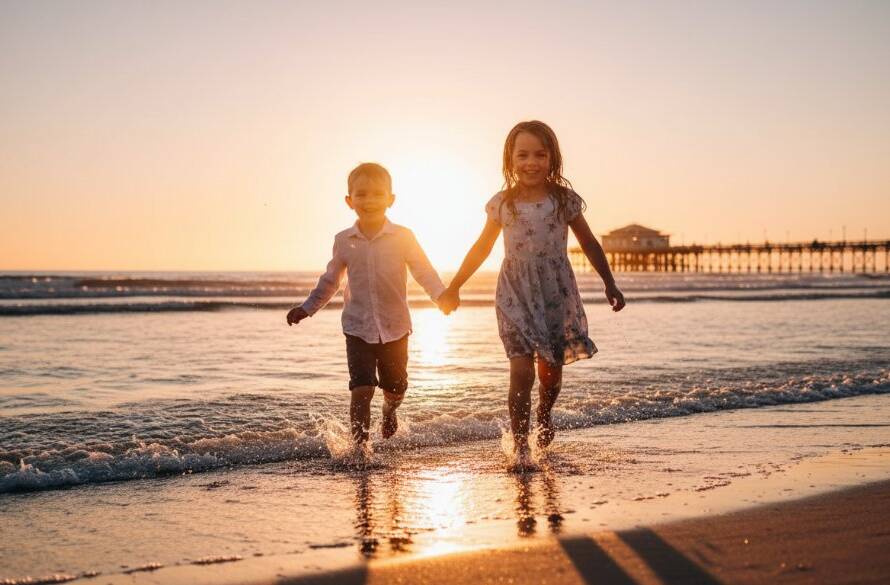 An epic moment of pure joy captured with natural light kids photography Seaford, featuring two children laughing as they splash playfully in the gentle waves at sunset on Seaford beach, with golden light reflecting off the water.