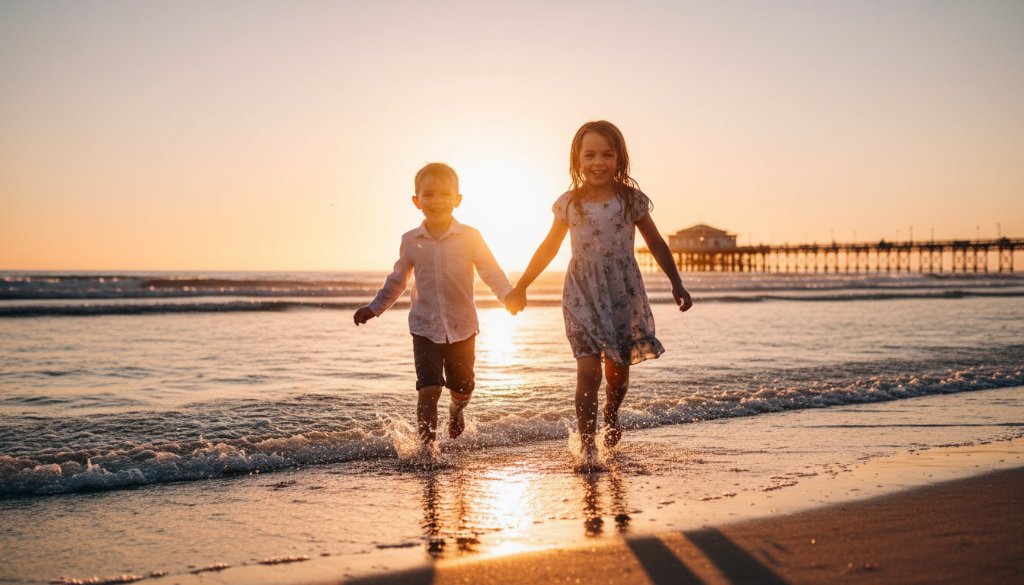 An epic moment of pure joy captured with natural light kids photography Seaford, featuring two children laughing as they splash playfully in the gentle waves at sunset on Seaford beach, with golden light reflecting off the water.