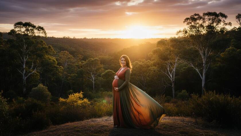 A pregnant woman, bathed in golden hour natural light Wonga Park maternity photography, stands majestically amidst lush Australian bushland at sunset, her silhouette framed by towering gum trees, symbolising the epic journey of motherhood with dramatic and professional color grading.