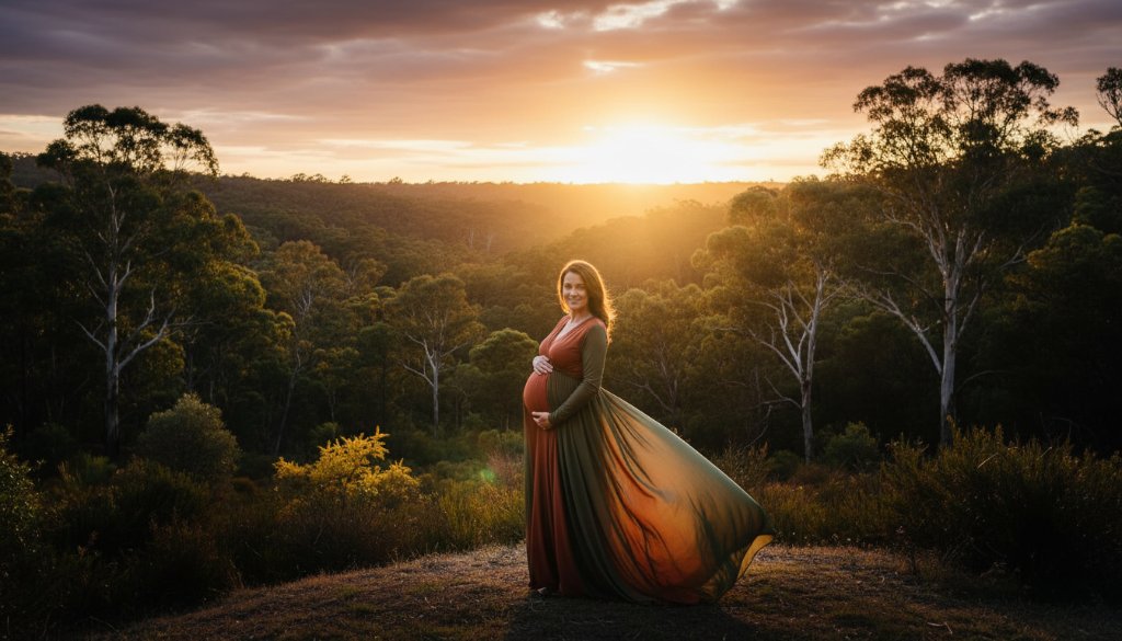 A pregnant woman, bathed in golden hour natural light Wonga Park maternity photography, stands majestically amidst lush Australian bushland at sunset, her silhouette framed by towering gum trees, symbolising the epic journey of motherhood with dramatic and professional color grading.