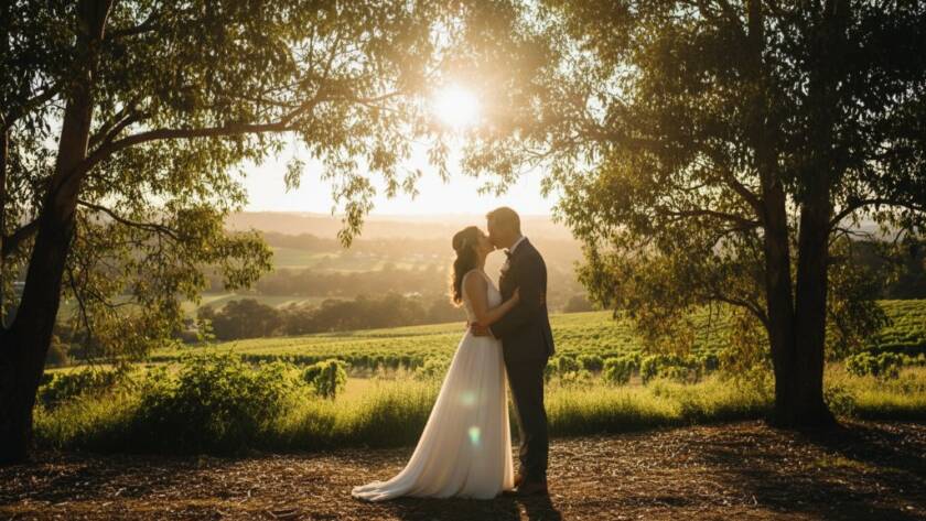 A newly married couple sharing a tender, sun-drenched moment amidst lush Templestowe greenery, epitomizing natural Templestowe wedding photography storytelling with dramatic, warm backlighting.