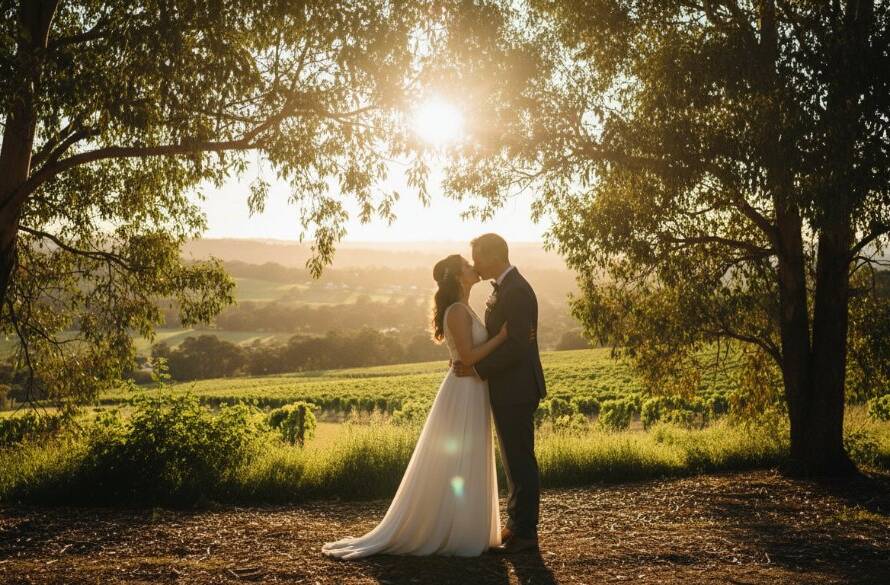 A newly married couple sharing a tender, sun-drenched moment amidst lush Templestowe greenery, epitomizing natural Templestowe wedding photography storytelling with dramatic, warm backlighting.