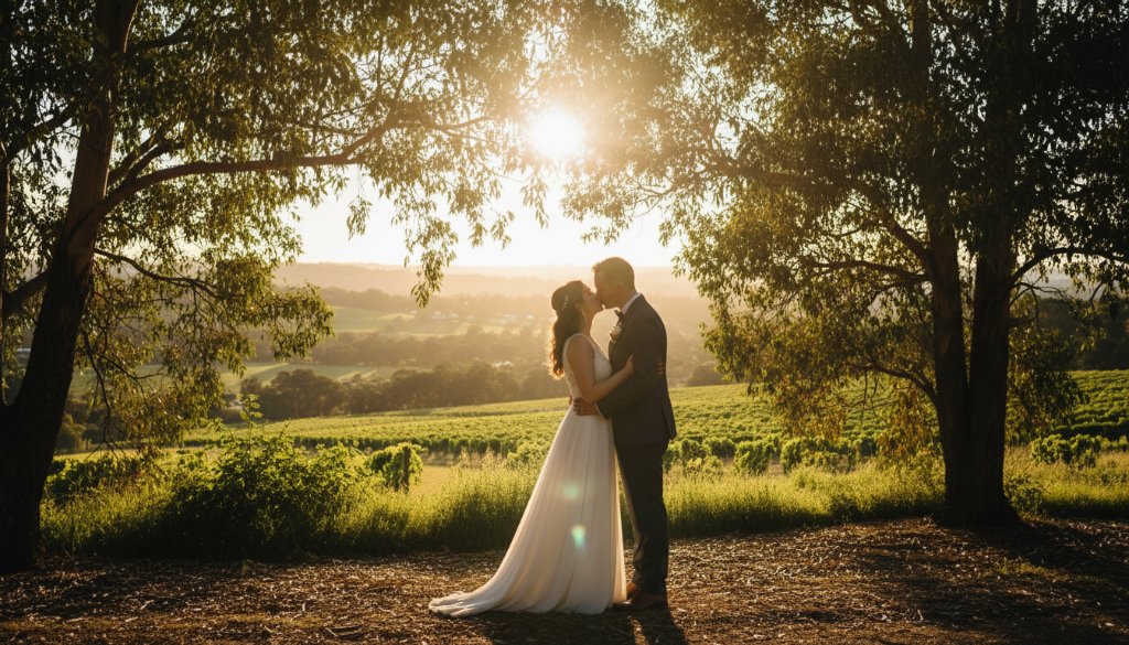 A newly married couple sharing a tender, sun-drenched moment amidst lush Templestowe greenery, epitomizing natural Templestowe wedding photography storytelling with dramatic, warm backlighting.