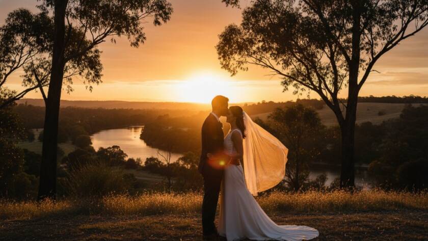 An 'epic moment' capture for Natural Wedding Photography Templestowe Lower Magic: A newlywed couple shares an intimate, joyous laugh under a canopy of vibrant autumn leaves, backlit by a warm, golden hour sun, near a serene spot along the Yarra River in Templestowe Lower, Victoria, showcasing their genuine connection.
