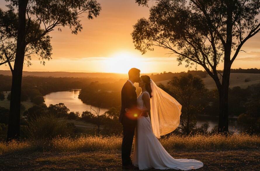 An 'epic moment' capture for Natural Wedding Photography Templestowe Lower Magic: A newlywed couple shares an intimate, joyous laugh under a canopy of vibrant autumn leaves, backlit by a warm, golden hour sun, near a serene spot along the Yarra River in Templestowe Lower, Victoria, showcasing their genuine connection.