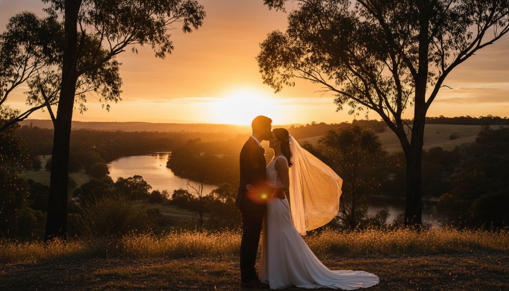 An 'epic moment' capture for Natural Wedding Photography Templestowe Lower Magic: A newlywed couple shares an intimate, joyous laugh under a canopy of vibrant autumn leaves, backlit by a warm, golden hour sun, near a serene spot along the Yarra River in Templestowe Lower, Victoria, showcasing their genuine connection.