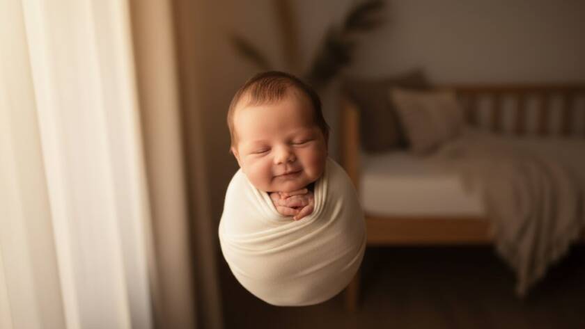 A heartwarming and serene 'epic moment' photograph capturing a newborn baby peacefully sleeping, swaddled in soft organic fabric, bathed in warm, gentle newborn baby photography Doncaster East natural light, with a loving parent's hand gently caressing their head, showcasing pure innocence and connection.