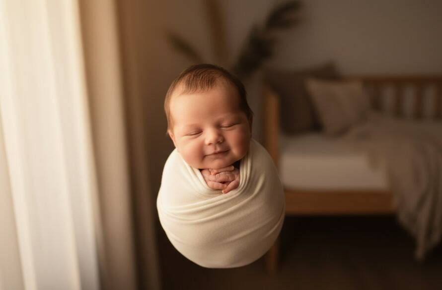 A heartwarming and serene 'epic moment' photograph capturing a newborn baby peacefully sleeping, swaddled in soft organic fabric, bathed in warm, gentle newborn baby photography Doncaster East natural light, with a loving parent's hand gently caressing their head, showcasing pure innocence and connection.