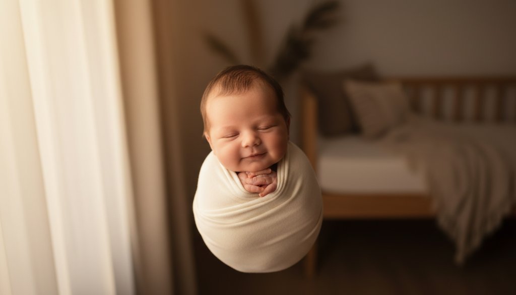 A heartwarming and serene 'epic moment' photograph capturing a newborn baby peacefully sleeping, swaddled in soft organic fabric, bathed in warm, gentle newborn baby photography Doncaster East natural light, with a loving parent's hand gently caressing their head, showcasing pure innocence and connection.