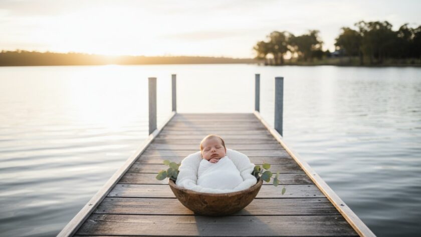 A breathtaking, professionally color-graded wide-angle photograph capturing a serene newborn baby wrapped snugly in a soft, cream blanket, positioned gently in a rustic wooden basket. In the background, out of focus but beautifully lit by golden hour sun, are the shimmering waters of Lake Mulwala in Yarrawonga, Victoria, surrounded by lush Australian bushland. The scene is bathed in dramatic, warm backlighting, creating a halo effect around the baby, conveying peace and new beginnings. This epic moment of newborn baby photography Yarrawonga lake views perfectly encapsulates innocence and natural beauty.