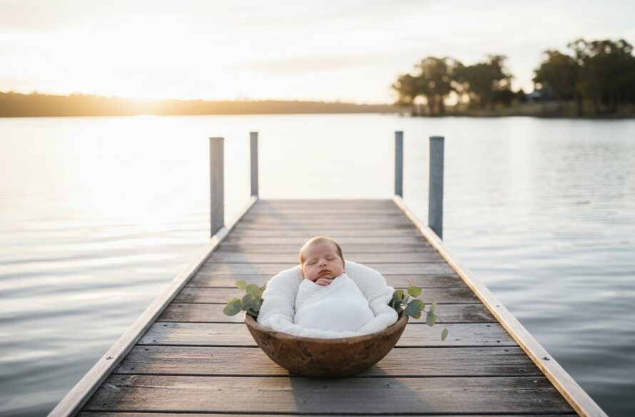 A breathtaking, professionally color-graded wide-angle photograph capturing a serene newborn baby wrapped snugly in a soft, cream blanket, positioned gently in a rustic wooden basket. In the background, out of focus but beautifully lit by golden hour sun, are the shimmering waters of Lake Mulwala in Yarrawonga, Victoria, surrounded by lush Australian bushland. The scene is bathed in dramatic, warm backlighting, creating a halo effect around the baby, conveying peace and new beginnings. This epic moment of newborn baby photography Yarrawonga lake views perfectly encapsulates innocence and natural beauty.