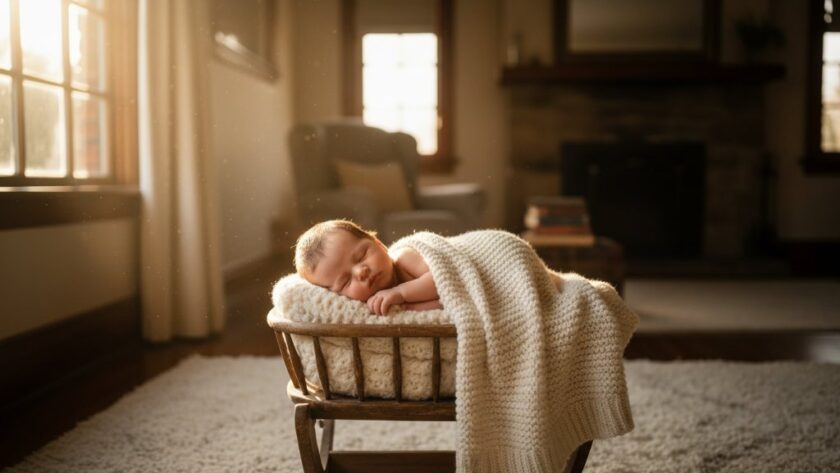 A heartwarming, professional photograph showcasing precious newborn lifestyle photography Brown Hill moments, with a baby sleeping peacefully in a rustic wooden bassinet bathed in soft, natural window light in a cosy Brown Hill home, capturing a serene and timeless family scene with a dramatic, painterly quality.